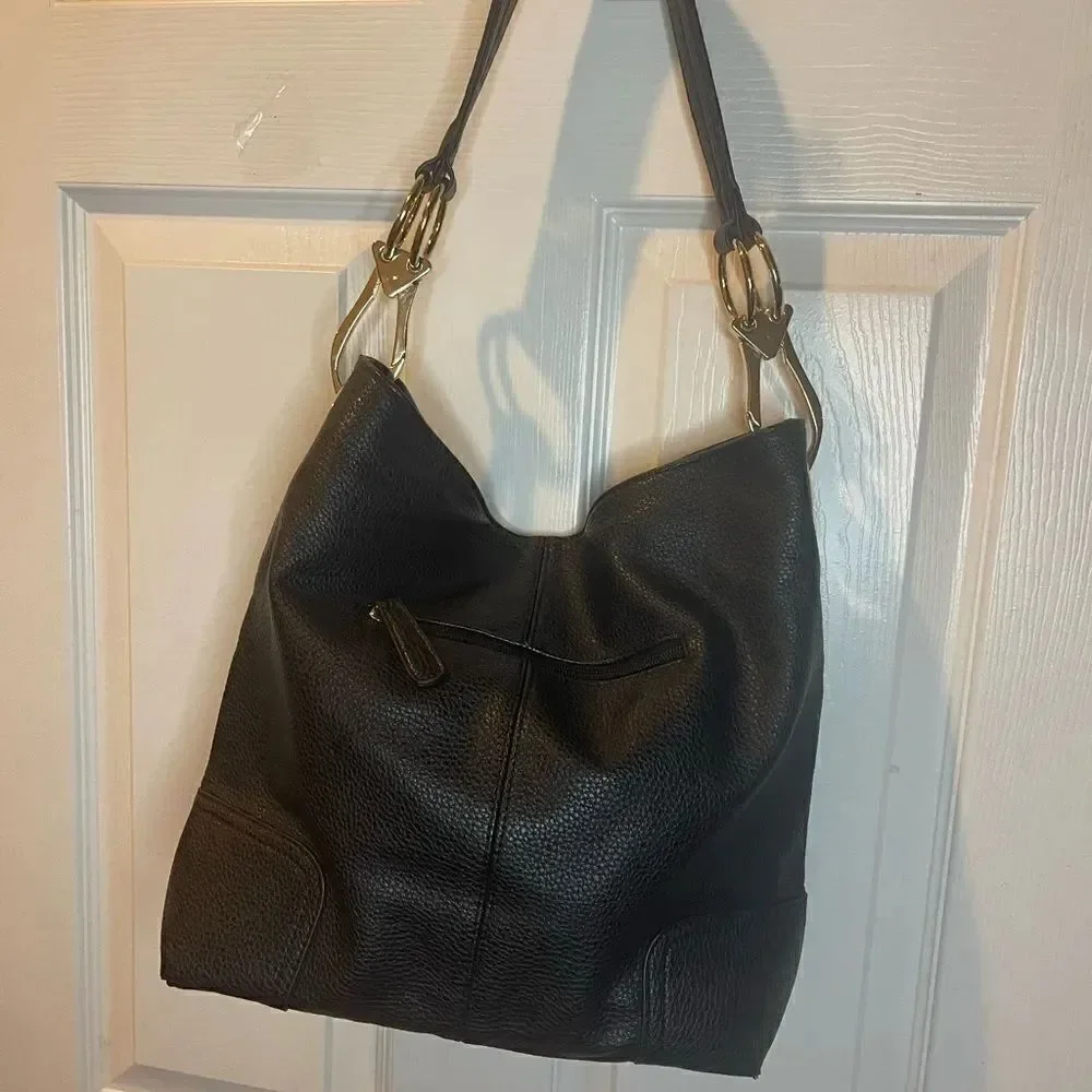 Dasein synthetic leather Black hobo shoulder bag with Bold gold tone hardwares